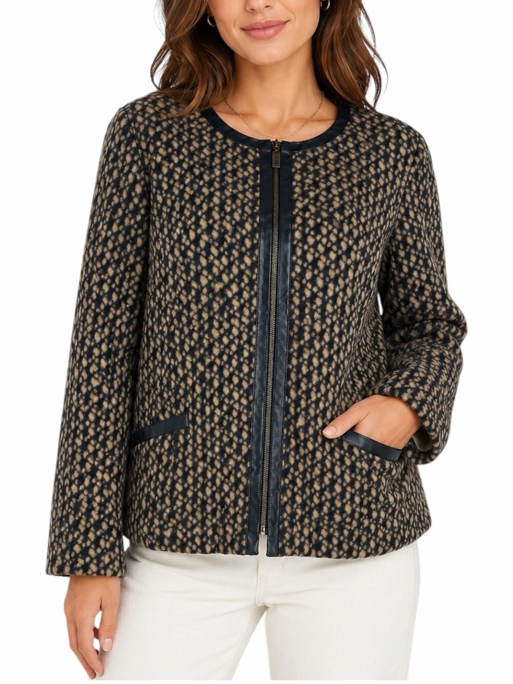 Bob Mackie Fleece Printed Front Zip Long Sleeve Jacket Artsy Brown Size L